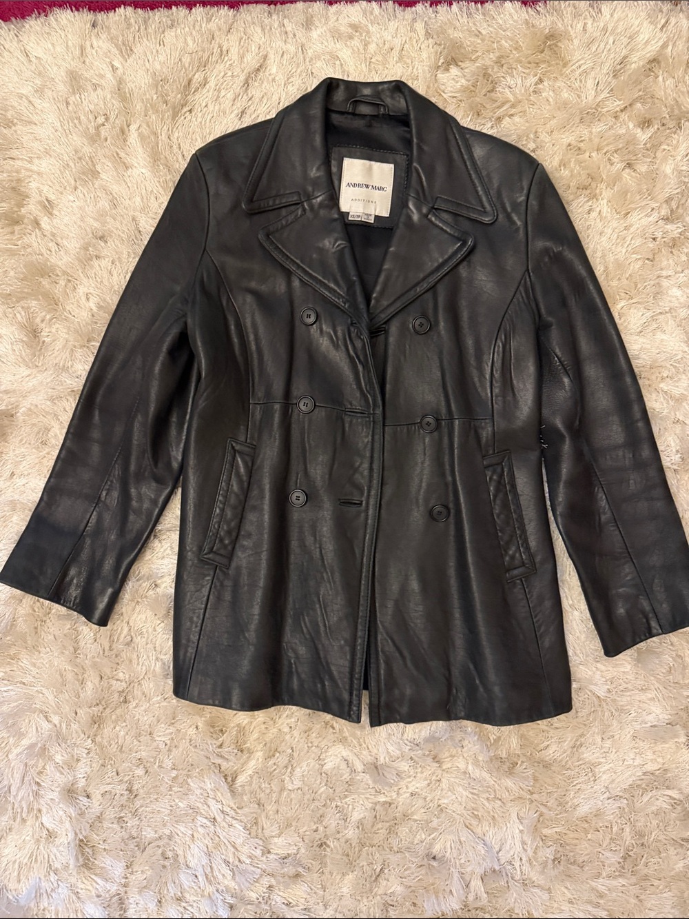 Andrew Marc Black Double-Breasted Leather Jacket